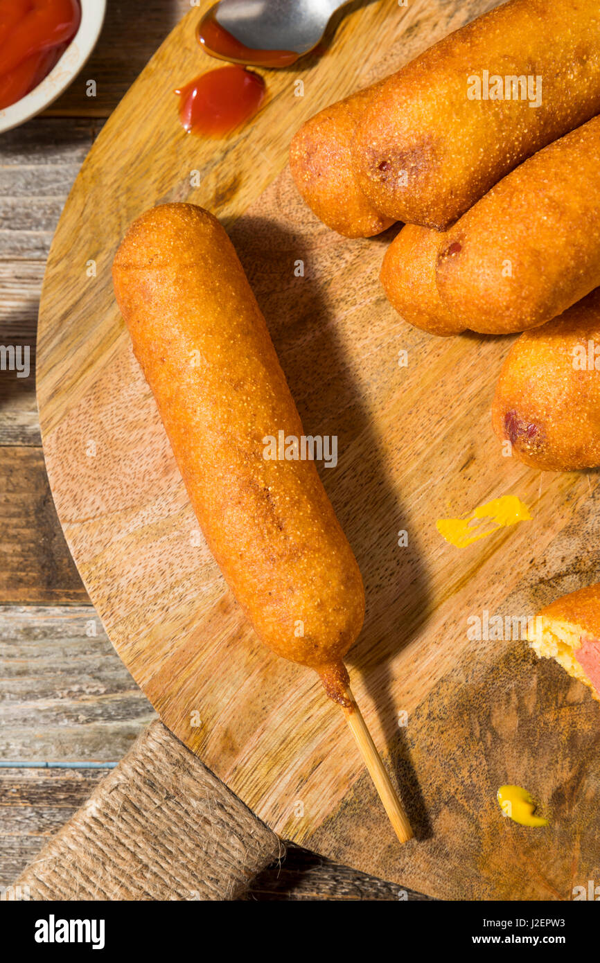 Homemade Deep Fried Corn Dogs with Mustard and Ketchup Stock Photo Alamy