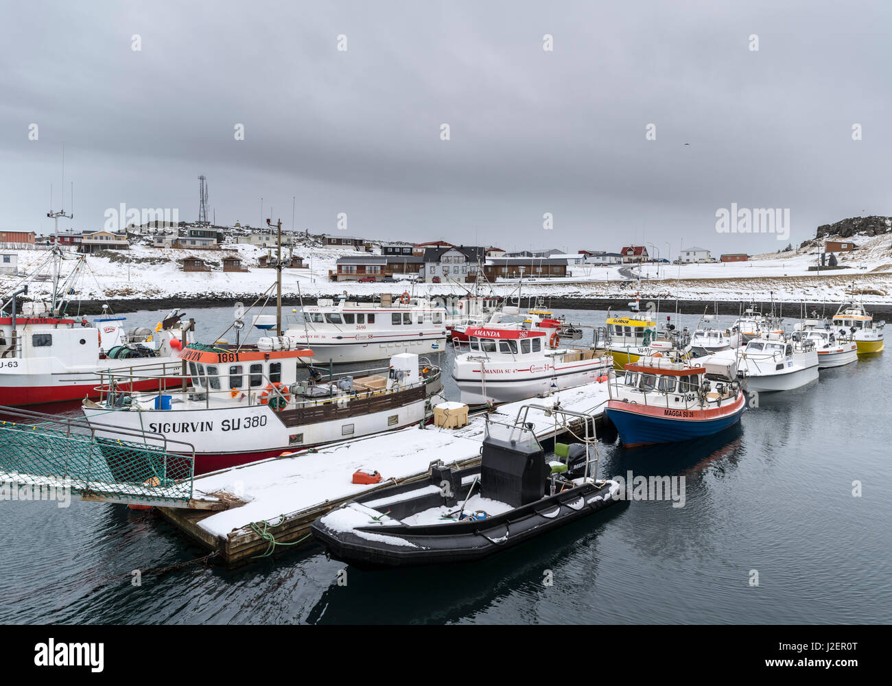 Harbor of the fishing village Djupivogur in the eastern fjords during ...
