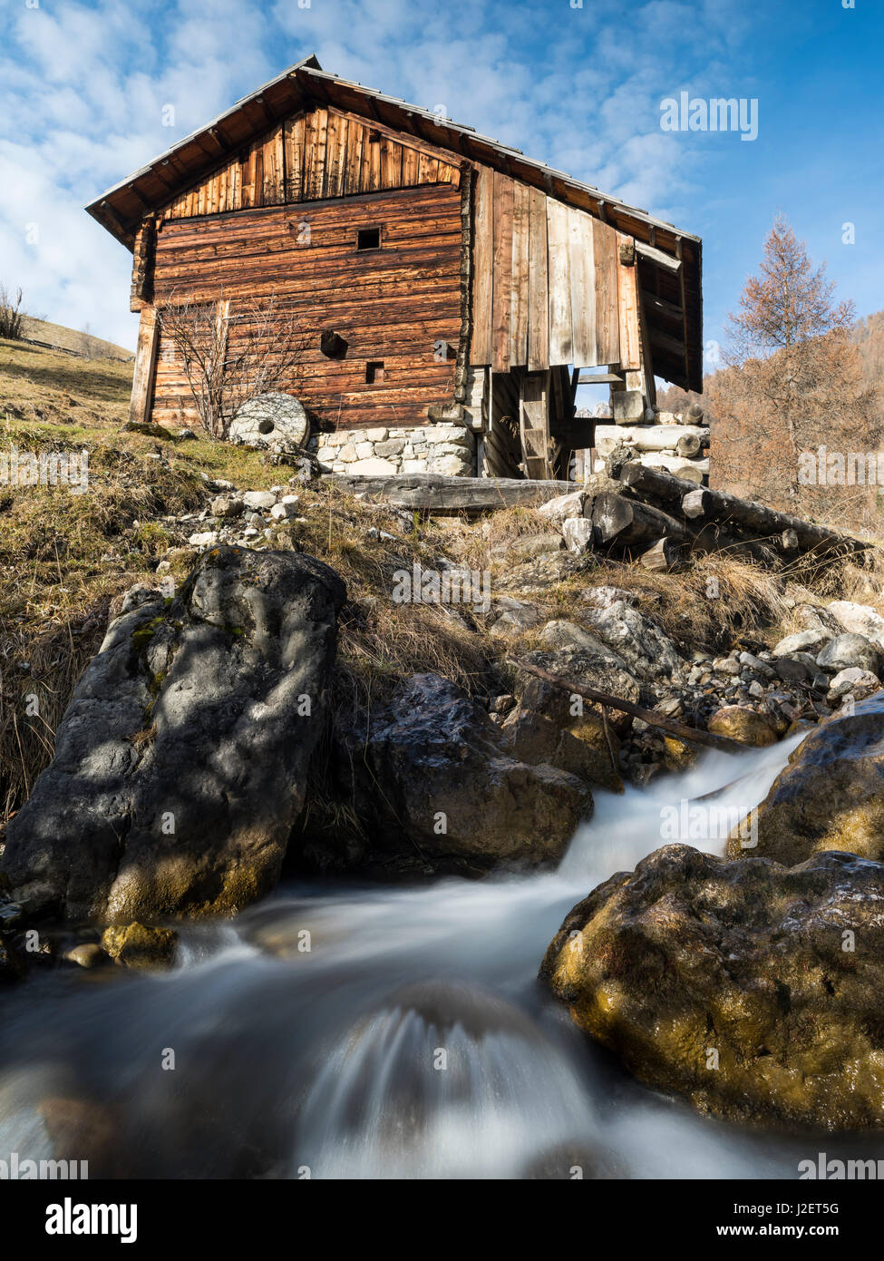 Traditional water mills of the viles (hamlets) of Mischi und Seres, village of Campill, in the Gader valley in the dolomites. Central Europe, South Tyrol, Italy (Large format sizes available) Stock Photo