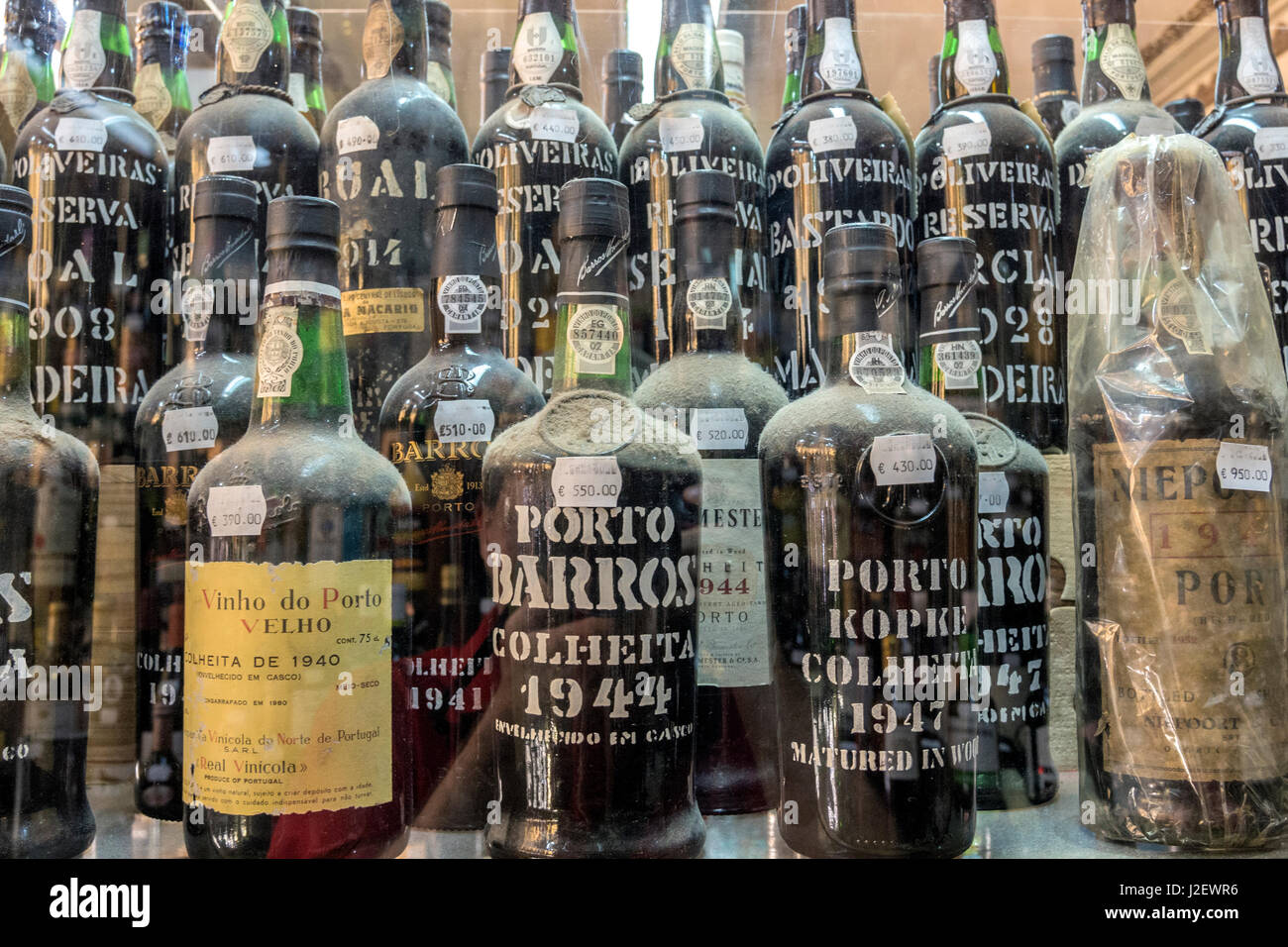 Portugal, Lisbon, expensive port wine bottles in store window Stock