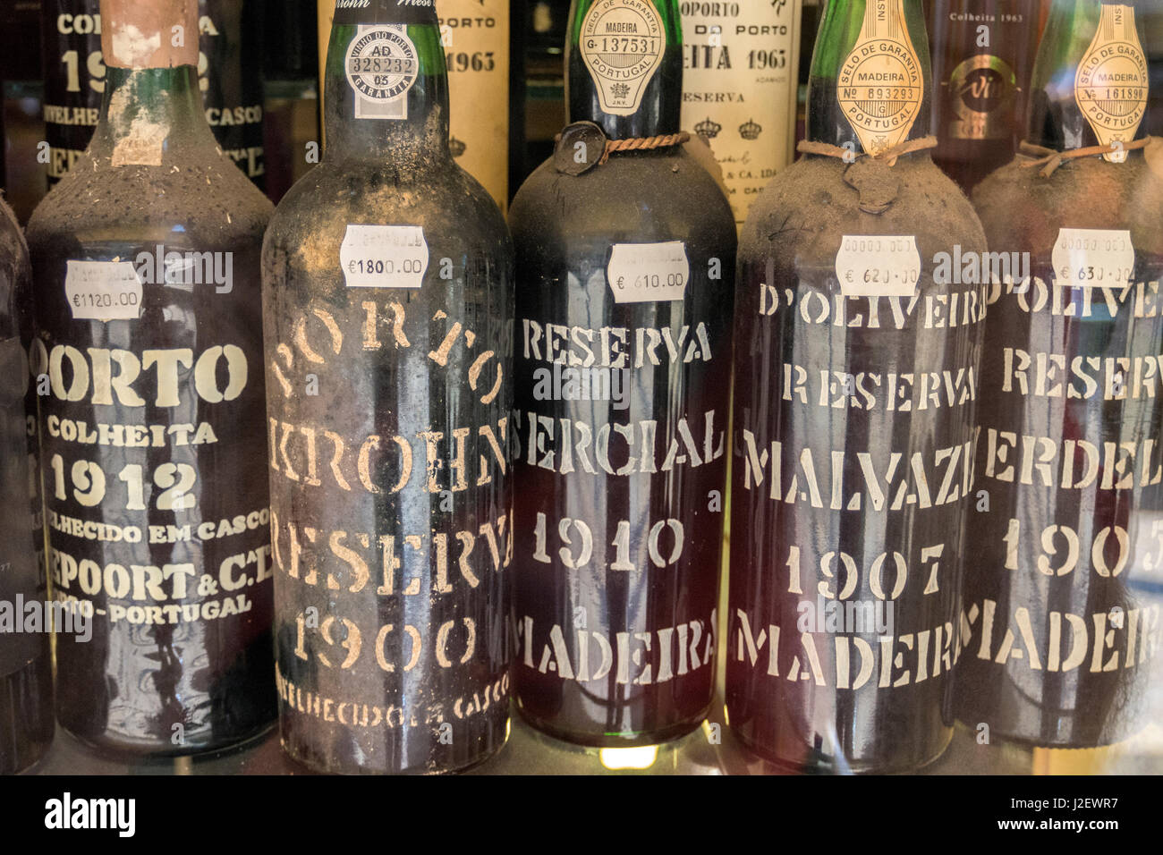 Portugal, Lisbon, expensive port wine bottles in store window Stock