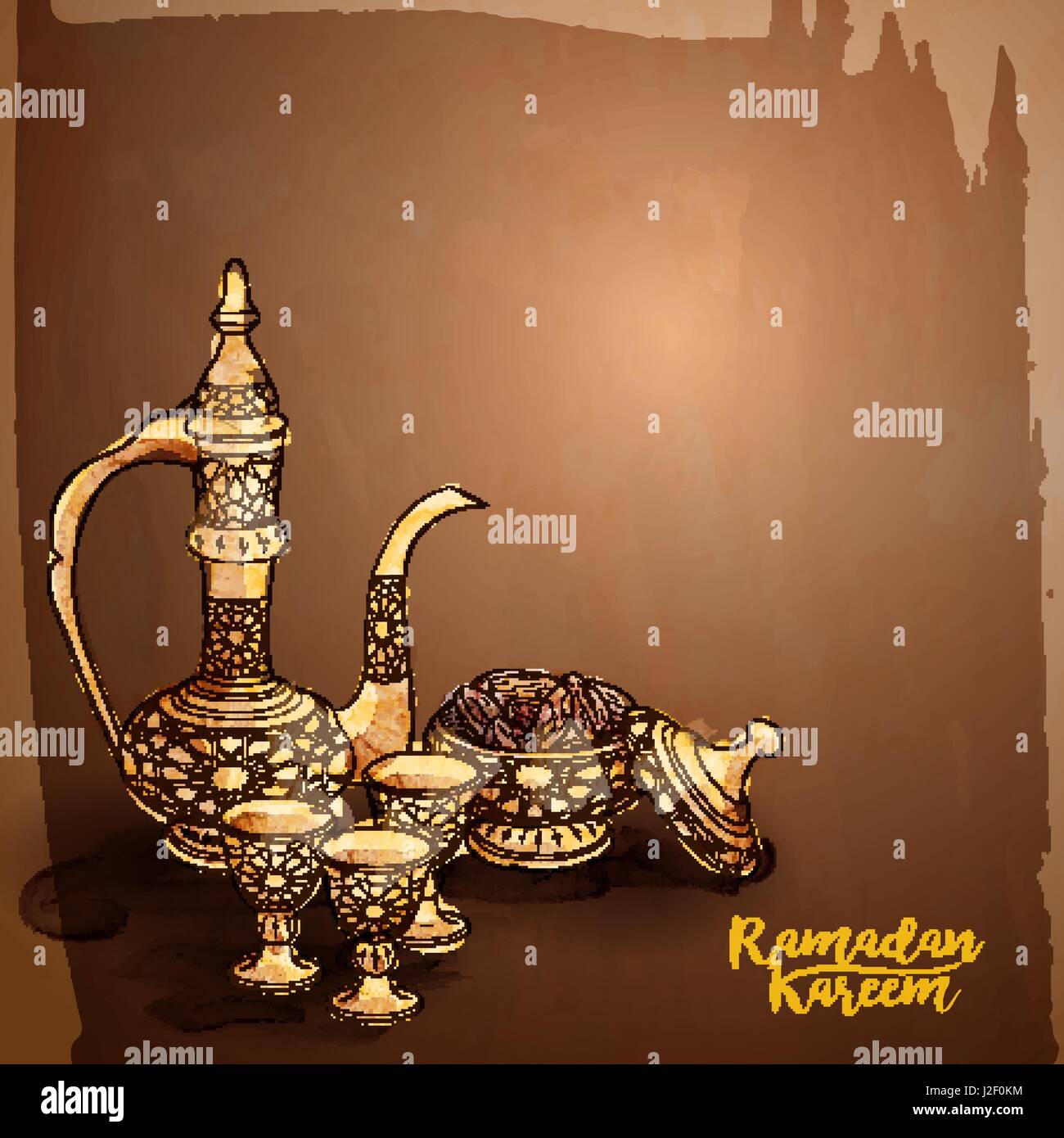 Ramadan Kareem Greeting Banner With Arabic Teapot And Date Fruit Watercolor Vector Illustration Stock Vector Image Art Alamy
