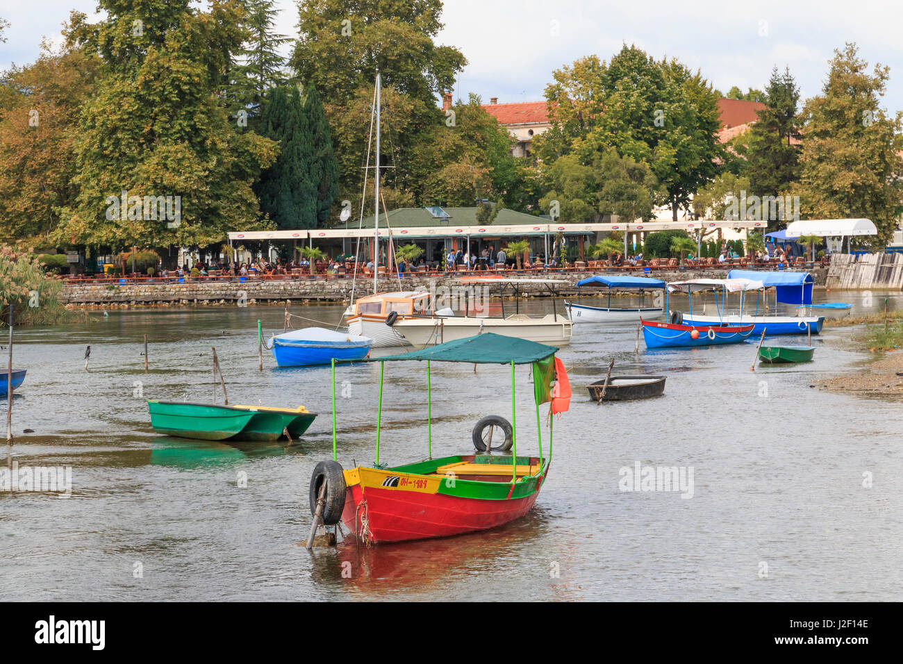 Macedonia, Lake Ohrid, Struga situated in the SW region. The town of Struga is the seat of Struga Municipality. Cafes. waterfront. Stock Photo