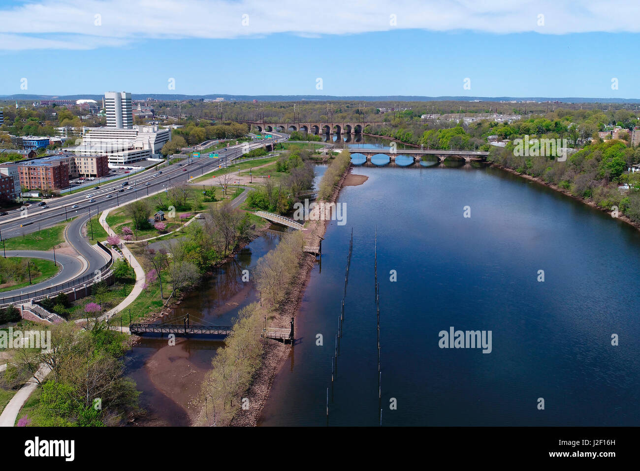 Aerial view of New Brunswick, New Jersey and the Raritan River Stock