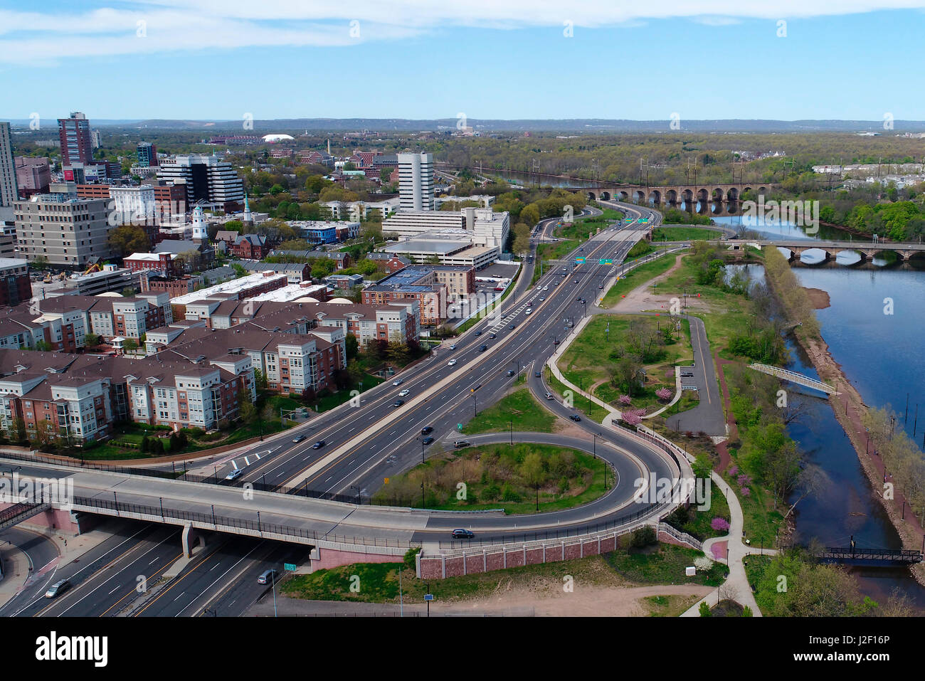 Aerial view of New Brunswick, New Jersey and the Raritan River Stock