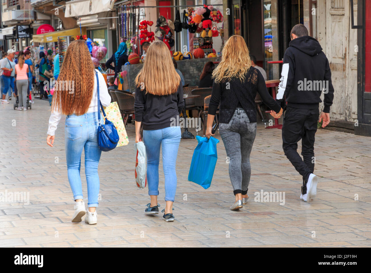 Macedonia, Lake Ohrid, Struga situated in the Southwest region. The town of Struga is the seat of Struga Municipality. Shoppers along pedestrian street. (Editorial Use Only) Stock Photo