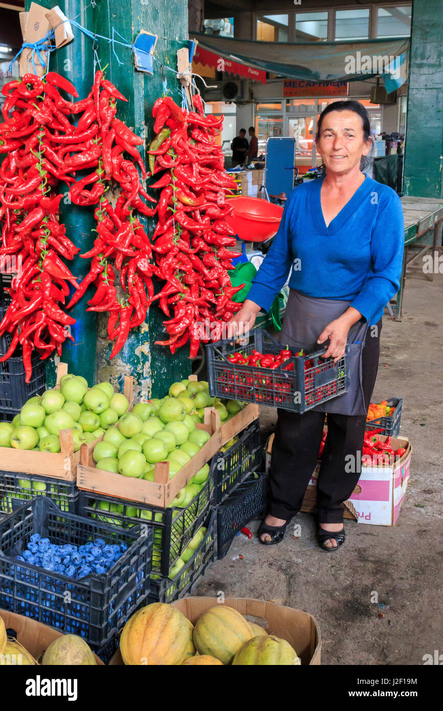 Macedonia, Lake Ohrid, Struga situated in the Southwest region. The town of Struga is the seat of Struga Municipality. Fruit, vegetable market merchant. (Editorial Use Only) Stock Photo