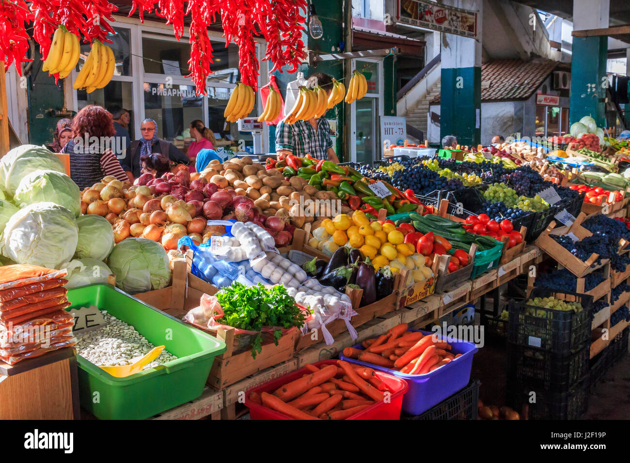 Macedonia, Lake Ohrid, Struga situated in the Southwest region. The town of Struga is the seat of Struga Municipality. Fruit, vegetable markets, shops, shoppers, cafes. (Editorial Use Only) Stock Photo
