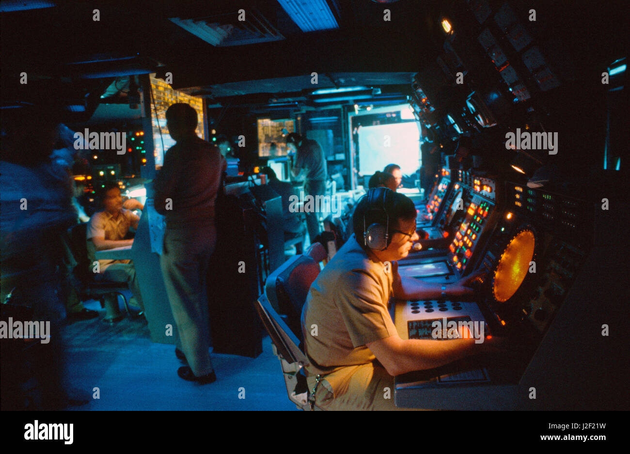 The SCIC room on the USS Foxx during the reflagging of the tankers in the Persian Gulf in 1987. Stock Photo