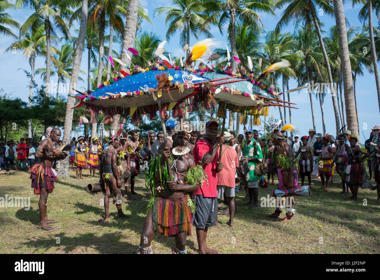 Melanesia, Papua New Guinea, Sepik River area, Murik Lakes, Karau Village. Villagers dressed in ceremonial attire for traditional sing-sing. Large painted fish used in ceremonial dance. (Large format sizes available) Stock Photo