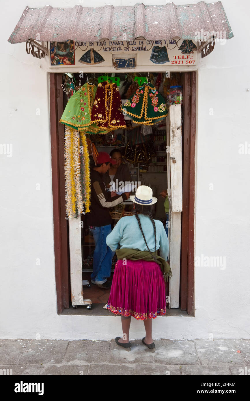 Shop at side of church selling religious artifacts, Cueneca, Ecuador Stock Photo