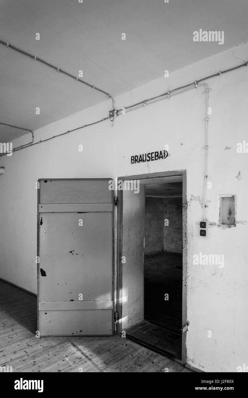 Germany, Bavaria, Munich-Dachau, WW2-era Nazi concentration camp, crematorium building, gas chamber disguised as shower room Stock Photo
