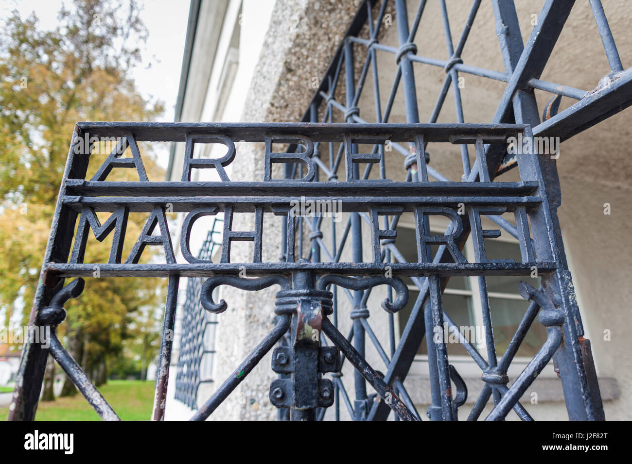 Germany, Bavaria, Munich-Dachau, WW2-era Nazi concentration camp, entrance gate with the inscription, Arbeit Macht Frei, Work sets you free Stock Photo