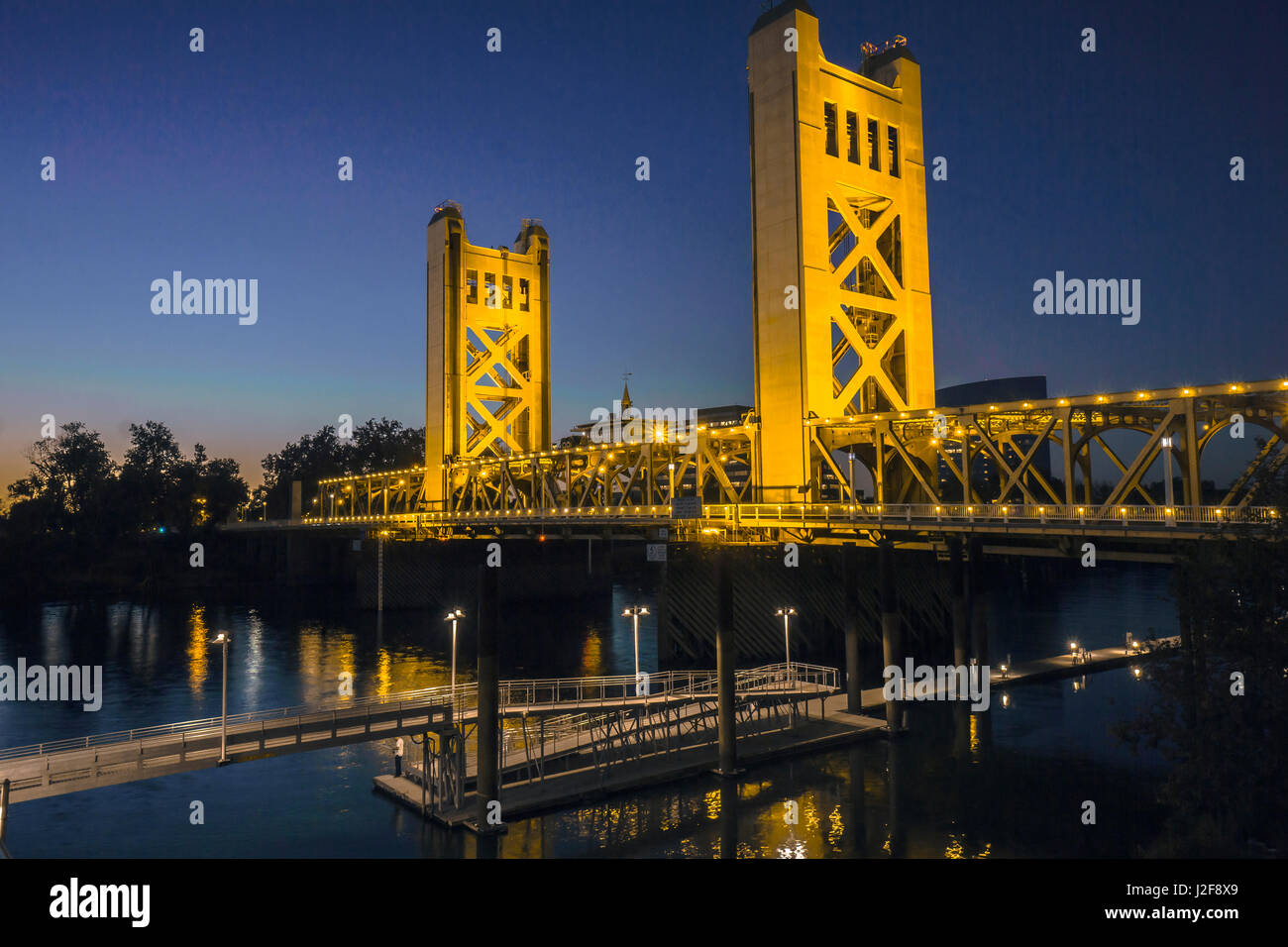 Tower Bridge, a draw bridge which spans the Sacramento River in the capital city of California is a photogenic landmark. Stock Photo