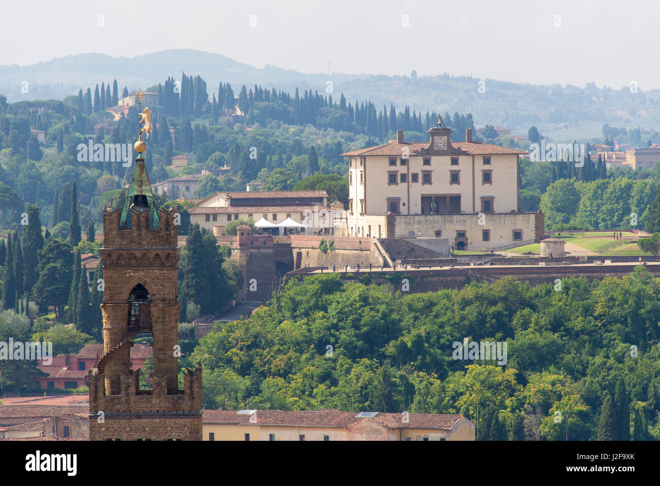 Europe, Italy, Florence. View from Duomo cupola. Fort Belvedere. Tuscan villas on hillside Stock Photo