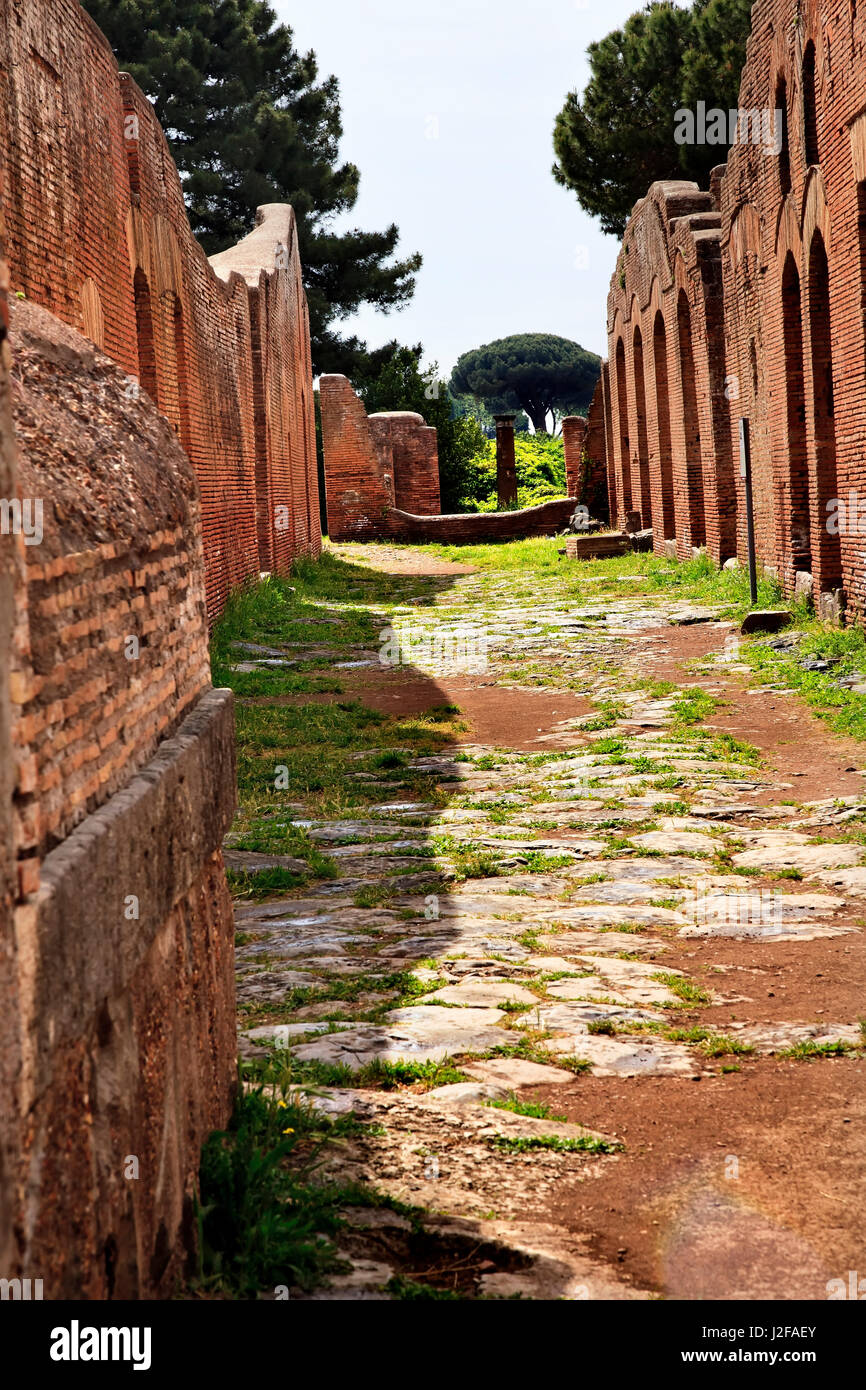 Ancient Roman Road Ruins Ostia Antica Ruins, Rome, Italy. Excavation of