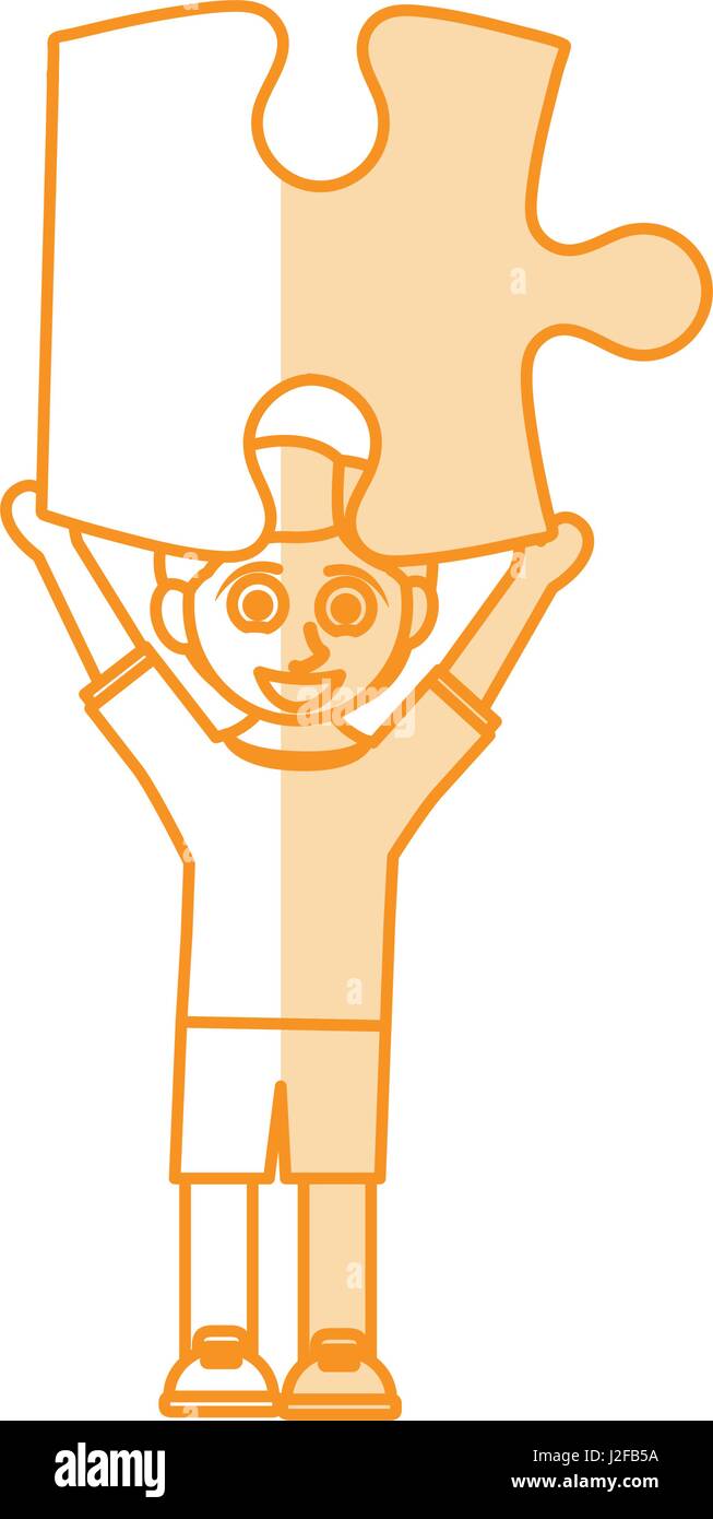 orange silhouette shading caricature boy with puzzle piece up Stock Vector