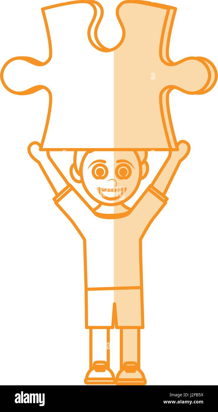 orange silhouette shading caricature boy with puzzle piece up in relief Stock Vector