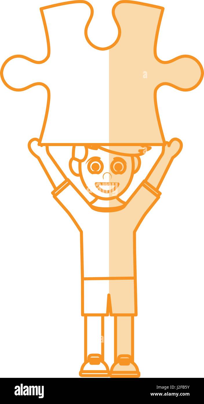 orange silhouette shading caricature guy with puzzle piece up Stock Vector
