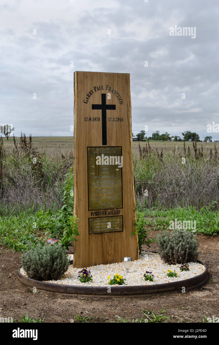 Elaborate Roadside Memorial for a Traffic Crash Victim near Tamworth Australia. Stock Photo