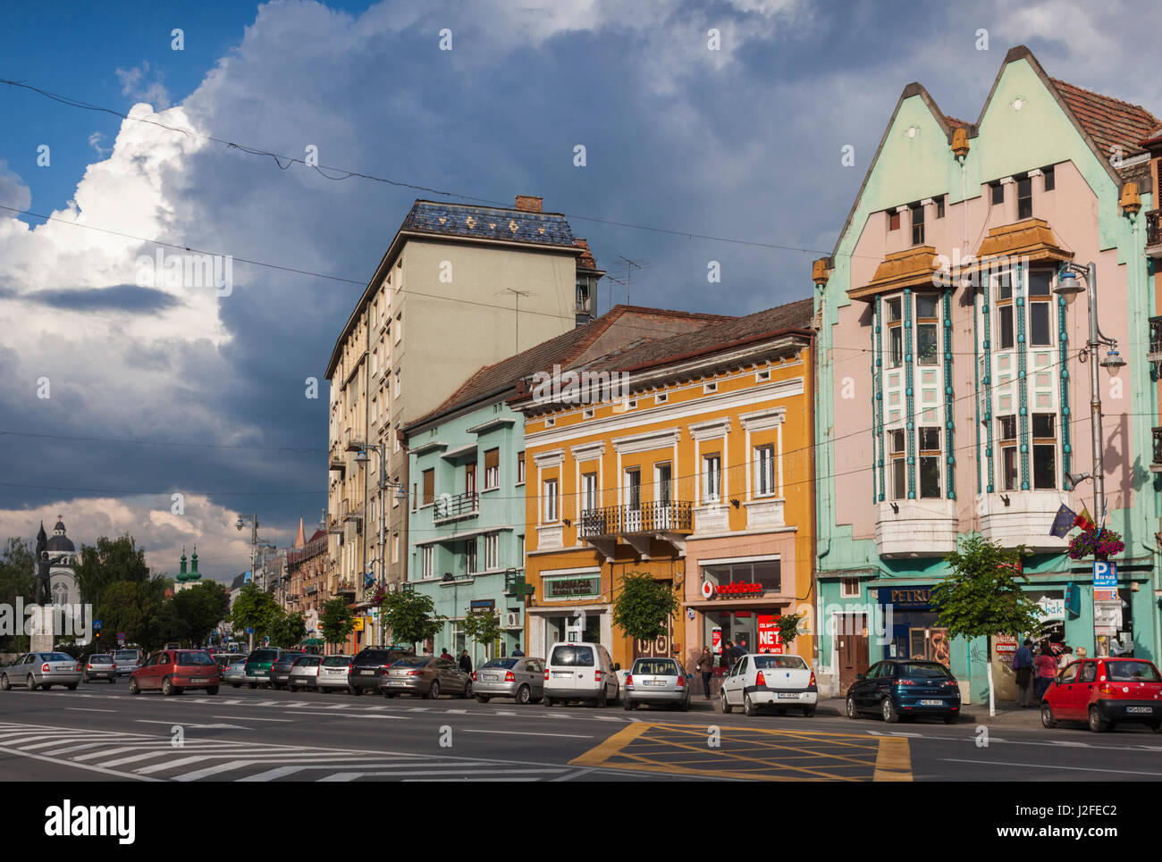 Romania, Transylvania, Targu Mures, buildings along Piata Trandafirilor Square Stock Photo