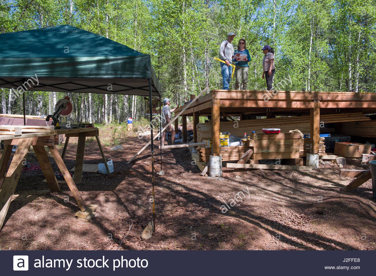 People Working On Construction Of Remote Alaskan Cabin Indian