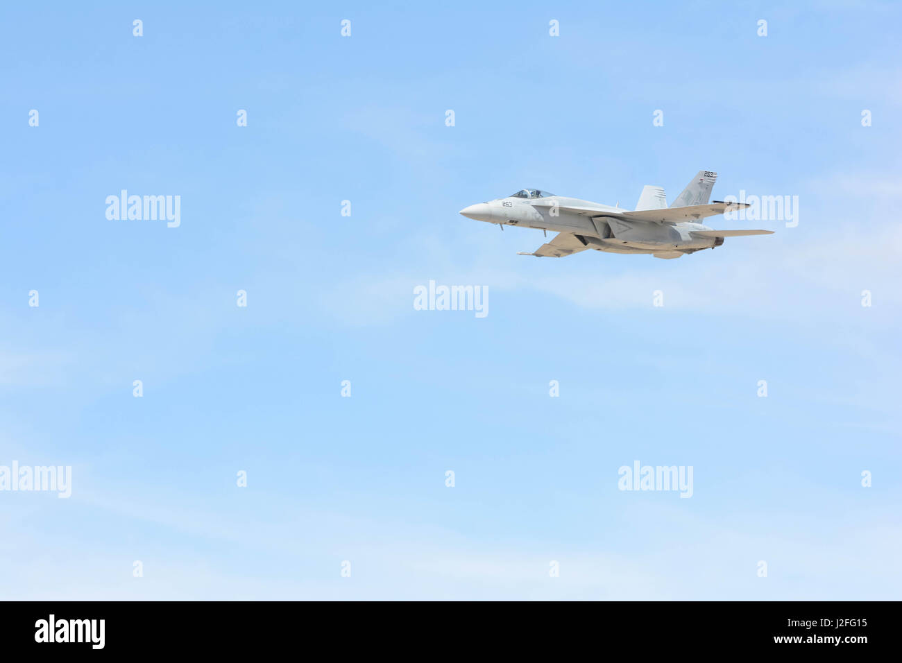 Lancaster, USA - March 25, 2017: U.S. Navy Tac Demo - F/A-18F Super Hornet on display during Los Angeles County Air Show at the William J Fox Airfield Stock Photo