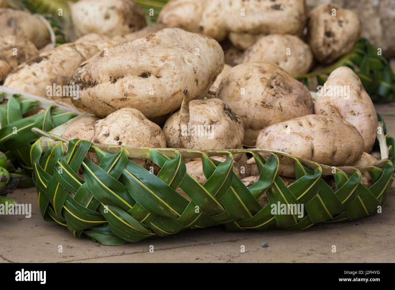 Kingdom Of Tonga Vava U Islands Neiafu Local Produce Market With Display Of Yams Displayed In Woven Palm Basket Stock Photo Alamy