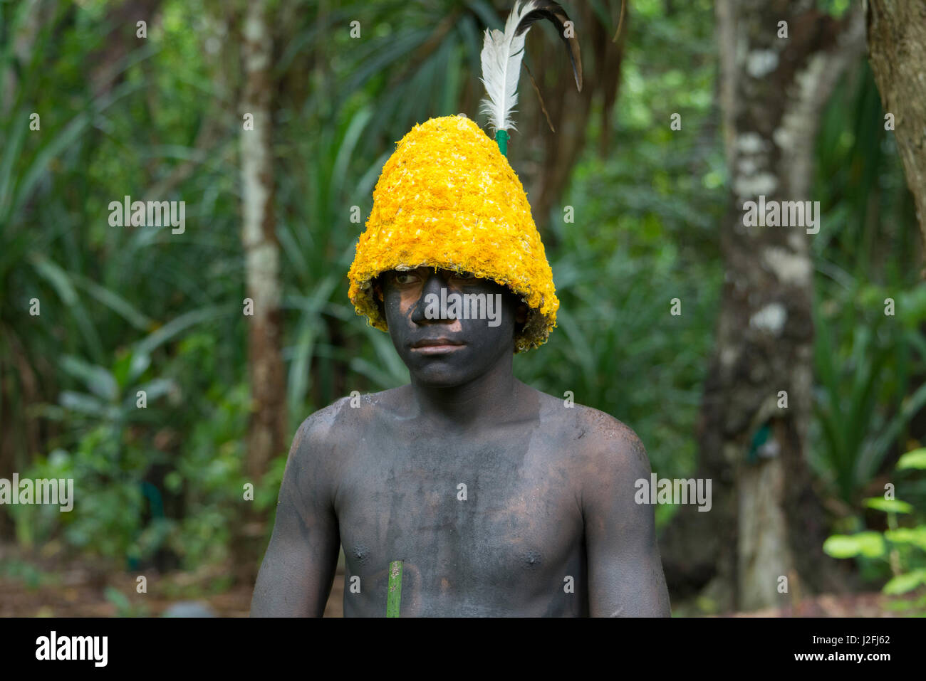 Republic of Vanuatu, Torres Islands, Loh Island. Young boy, covered in ash, wearing traditional bright headdress for cultural ceremony. Stock Photo