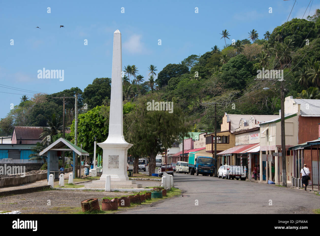 Fiji, Island of Ovalua, port town of Levuka. Considered to be the most intact Colonial town remaining in Fiji. UNESCO World Heritage Site. Downtown war memorial. (Large format sizes available) Stock Photo
