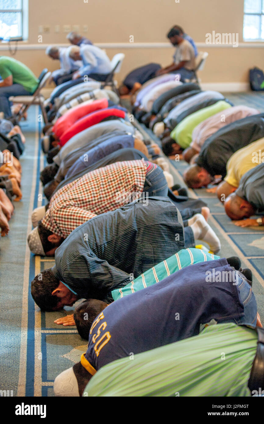 Muslim men prostrate themselves in 'Sujood' prayer position with their faces on the Islamic patterned carpet at Friday afternoon prayers during religious services at an Anaheim, CA, mosque. Stock Photo