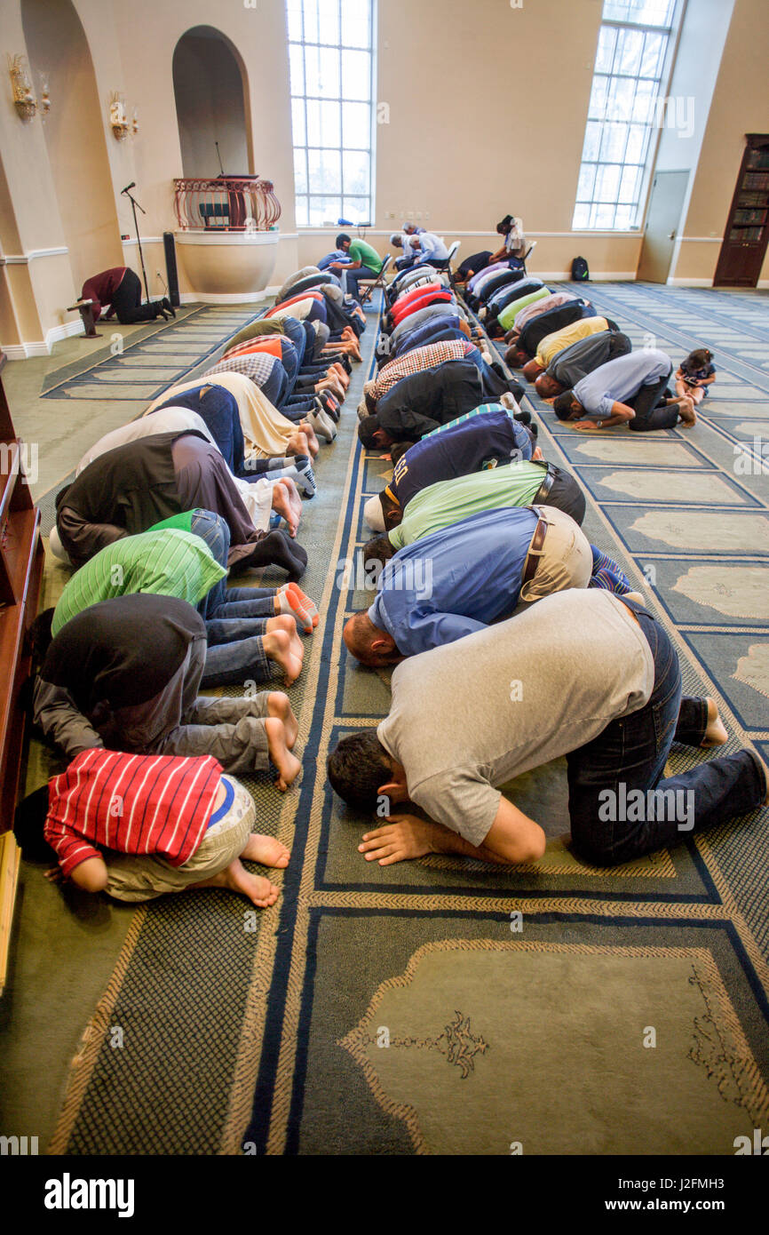 Muslim men prostrate themselves in 'Sujood' prayer position with their faces on the Islamic patterned carpet at Friday afternoon prayers during religious services at an Anaheim, CA, mosque. Note boy worshipper at left. Stock Photo