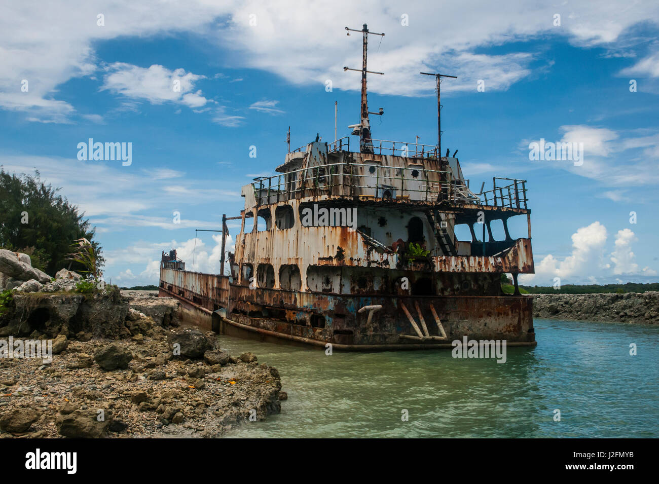 Wrack of a cargo boat on the Island of Yap, Micronesia Stock Photo