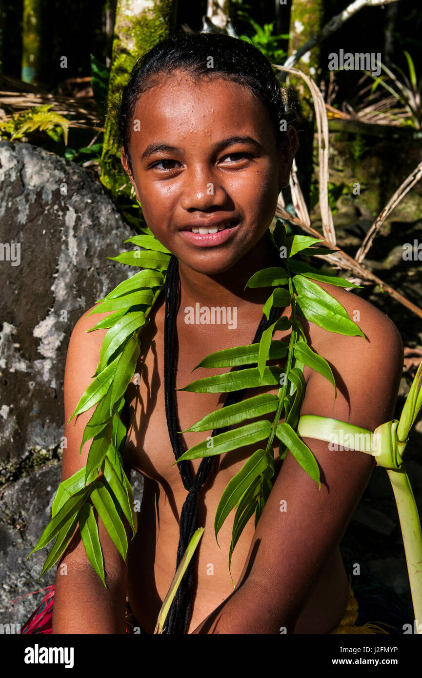Young girl in flower dress, Island of Yap, Micronesia Stock Photo