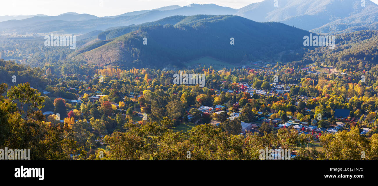 Beautiful countryside town in autumn aerial panorama - Bright, Victoria, Australia Stock Photo