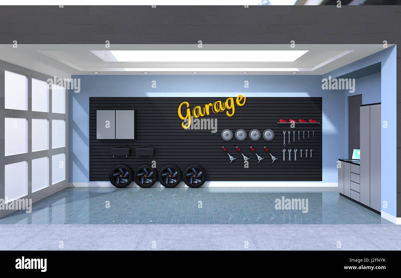 Side view of empty residential garage with electric vehicle charging station. 3D rendering image. Stock Photo
