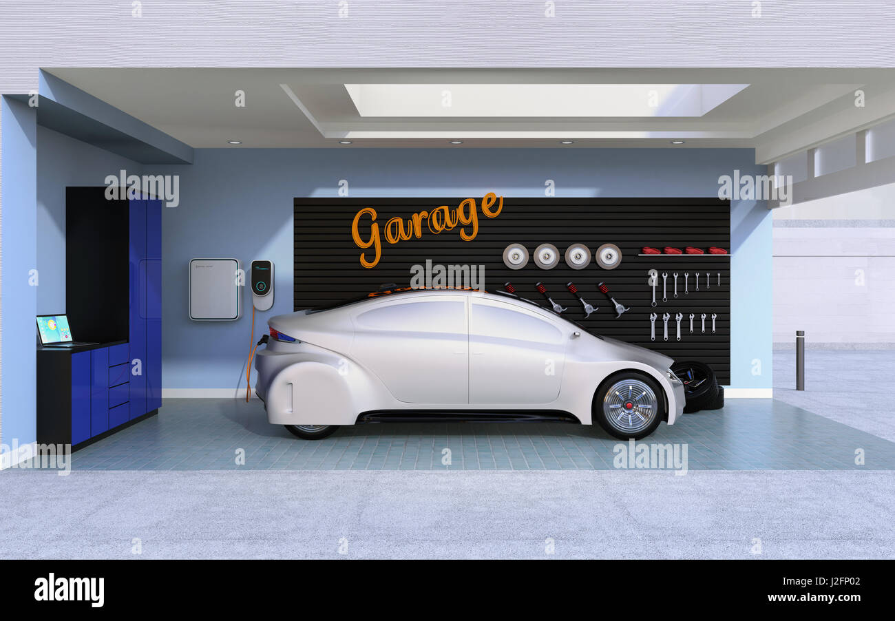 Side view of white electric vehicle charging in residential garage. 3D rendering image. Stock Photo