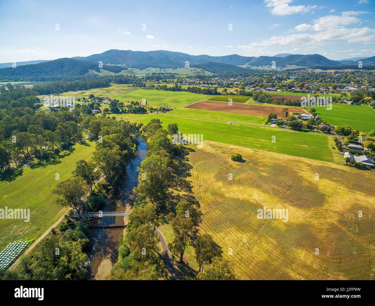 Aerial view of Australian countryside. Ovens River, Myrtleford