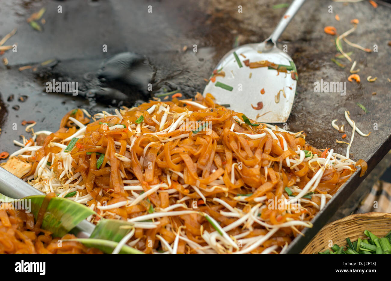 Close Up Pad Thai Noodle Menu In Frying Pan On Street Food Stock