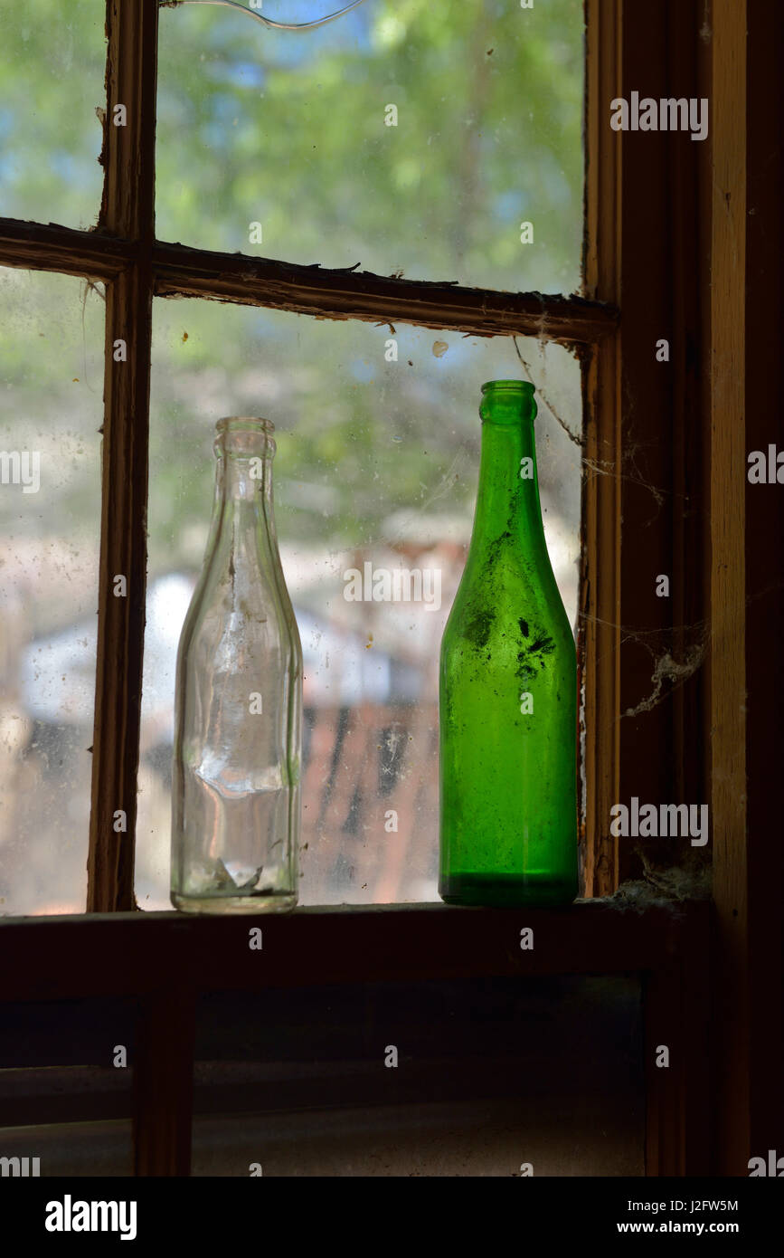 USA, Arizona, Jerome, Gold King Mine. Old bottles in a window (Large format sizes available) Stock Photo