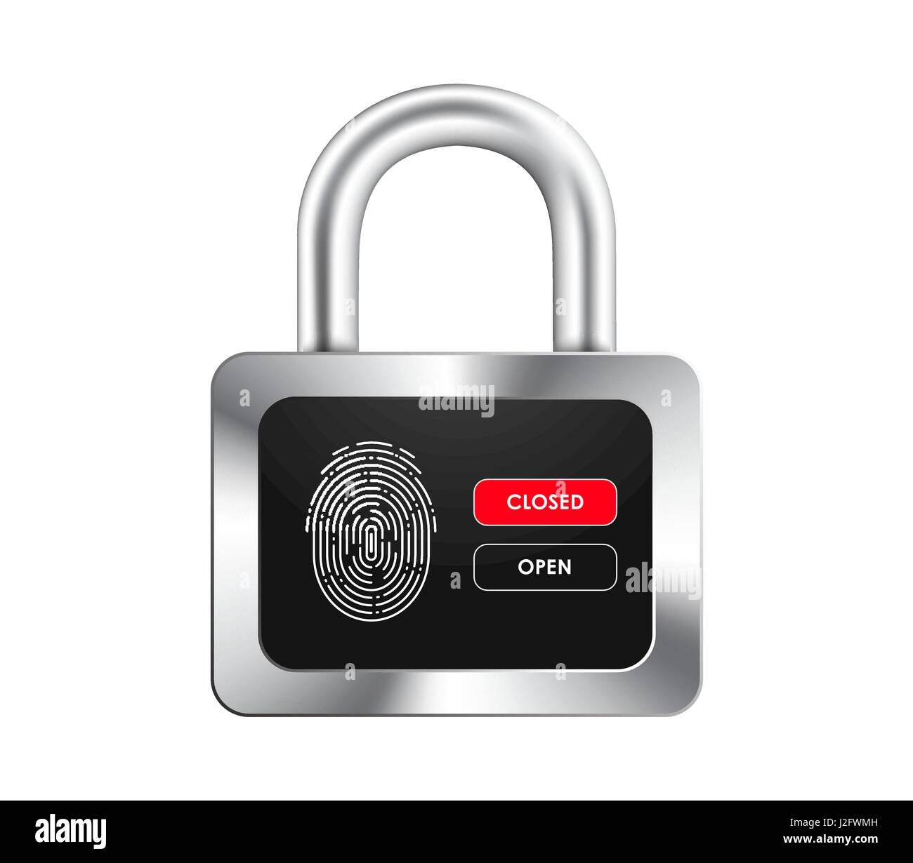 realistic padlock with a black display, fingerprint and opening and closing control buttons. Isolated on white background. Vector illustration Stock Vector