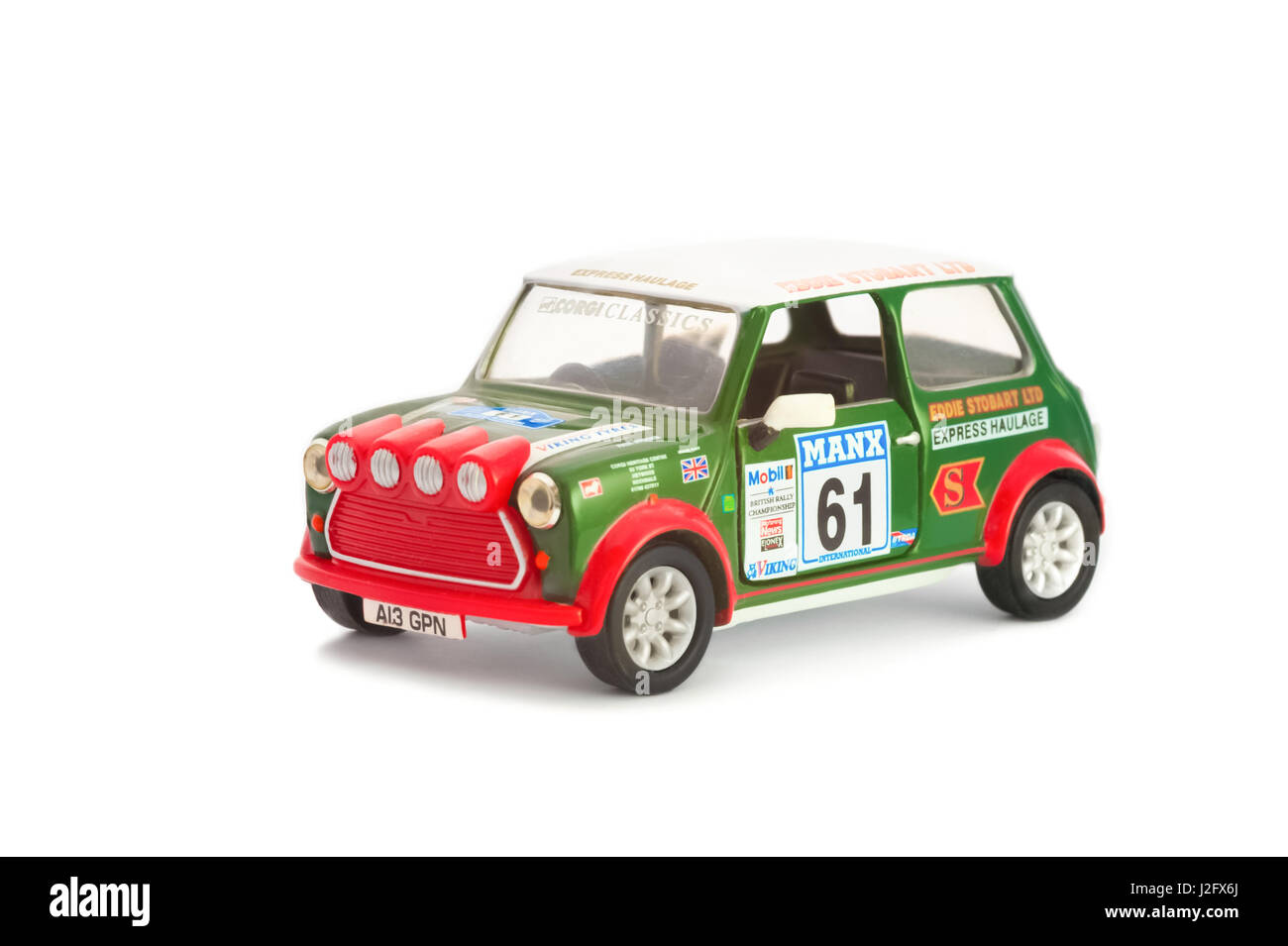 Corgi manufactured 1:32 scale die-cast miniature model of a MK 1 Mini Cooper in Eddie Stobart livery; originally raced in the British MSA Manx rally Stock Photo