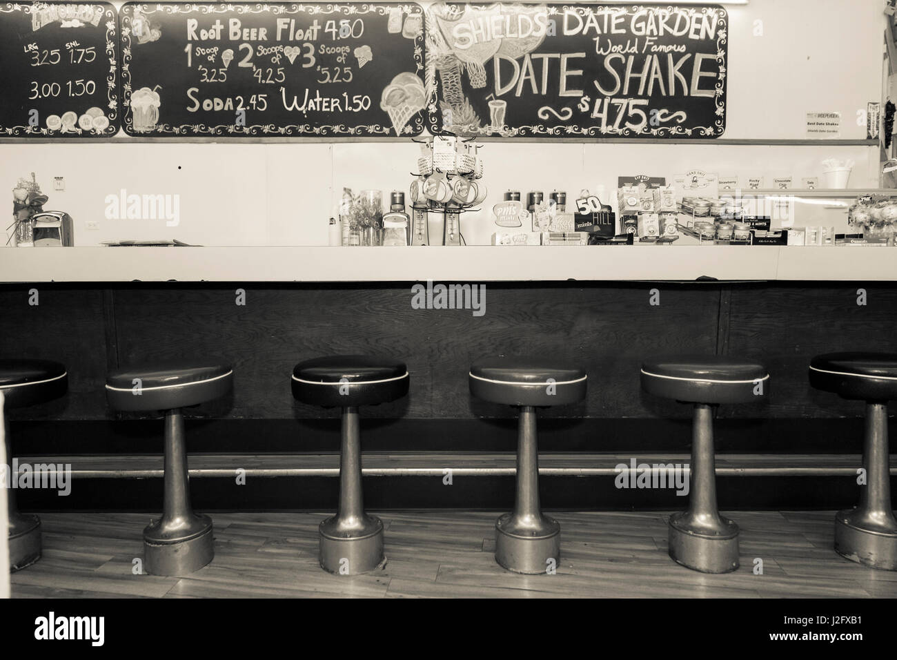 Black and white picture of diner interior, Palm Springs, California, USA. Stock Photo