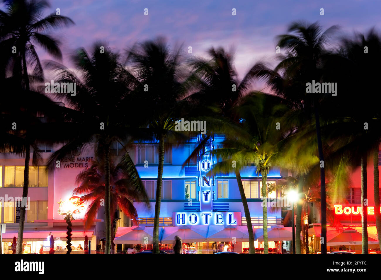 Art deco area with hotels at dusk, Miami, Florida, USA Stock Photo