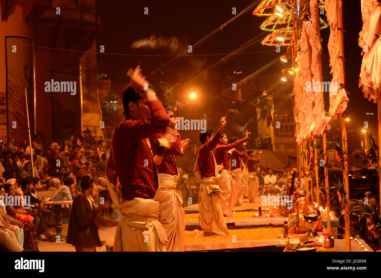 Aarti ceremony at Dashashwamedh Ghat in Varanasi, Uttar Pradesh, India, Asia Stock Photo
