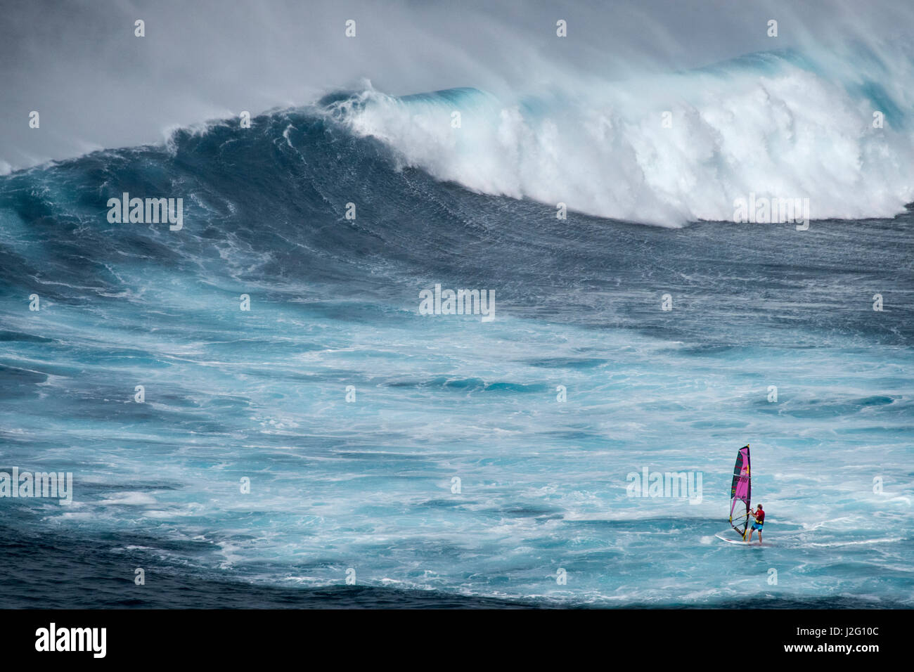 USA, Hawaii, Maui. Robby Naish windsurfing monster waves at Pe'ahi Jaws