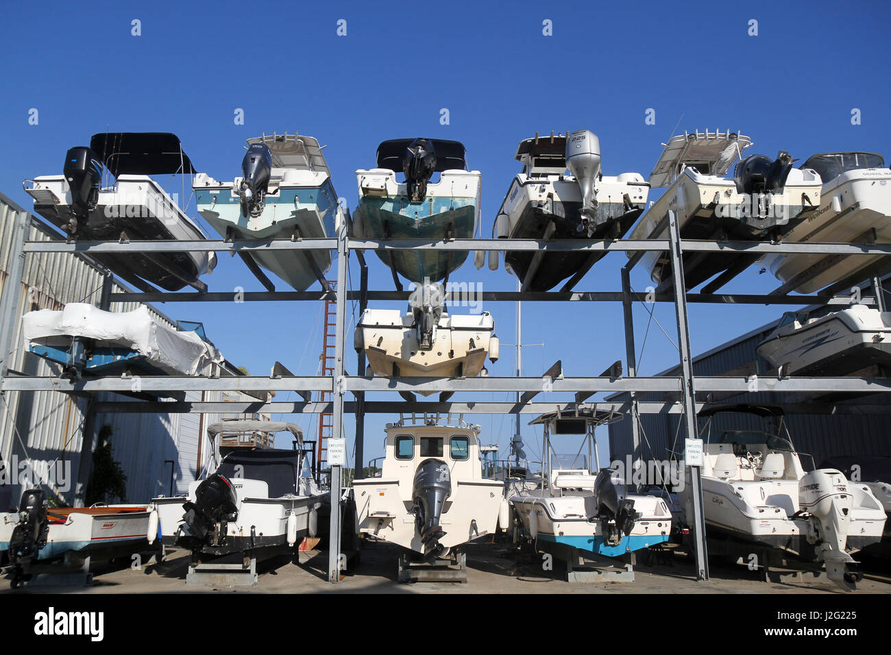 Boats stored on racks at Northside Marina, Sesuit Harbor, East Dennis ...