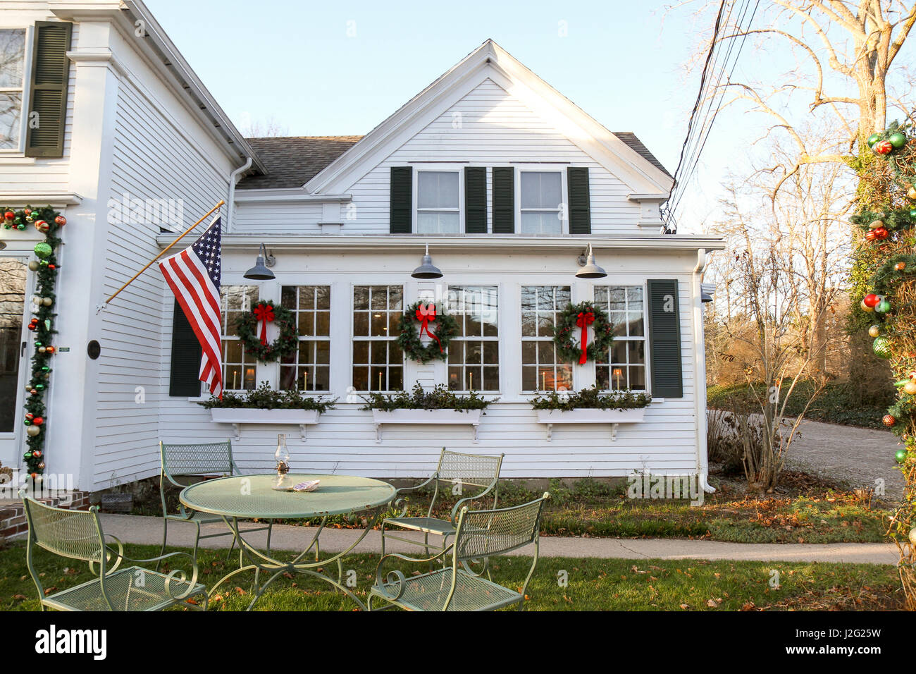 The Bramble Inn Restaurant and Gallery decorated for the Christmas season, Brewster, Massachusetts, USA Stock Photo