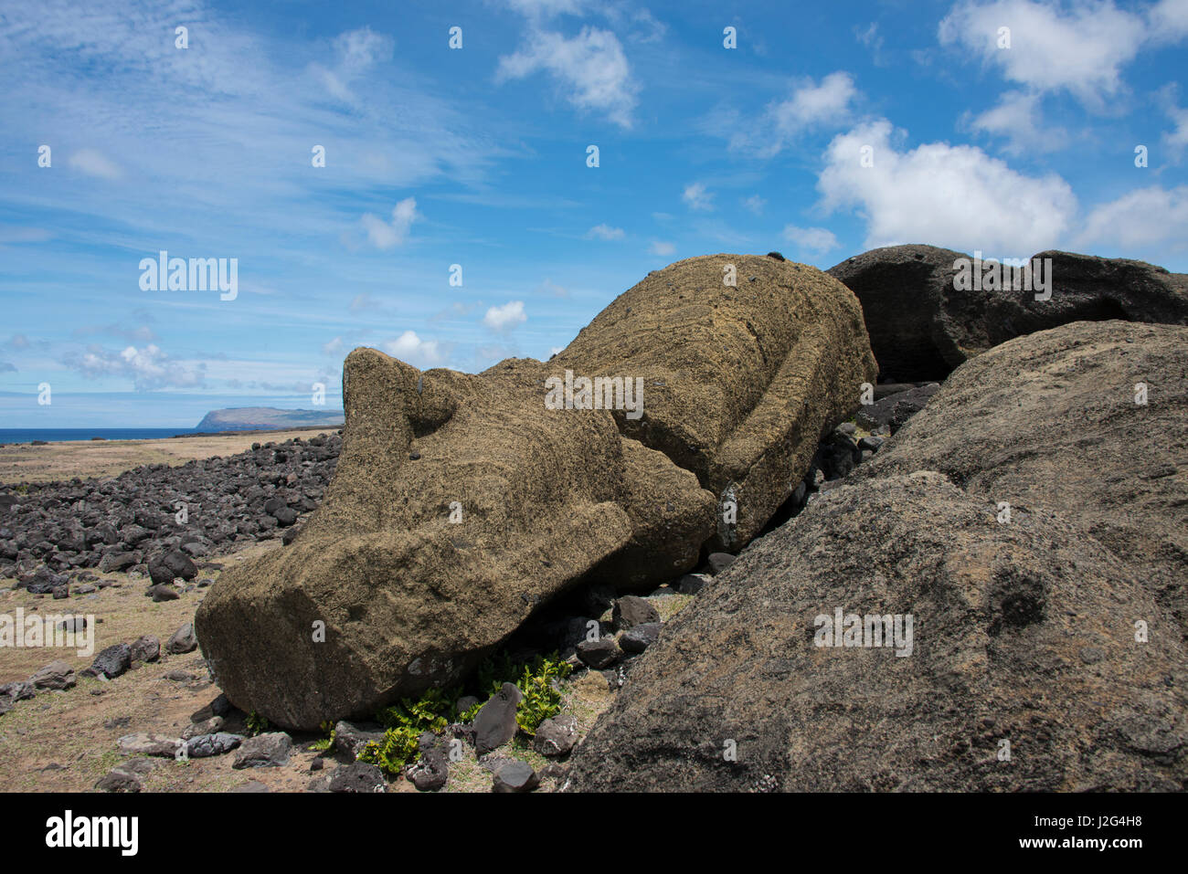 Chile, Easter Island aka Rapa Nui. Historic unrestored moai site of Ahu One Makihi located near Rano Raraku. Toppled moai statues on volcanic rock ahu (altar). (Large format sizes available) Stock Photo