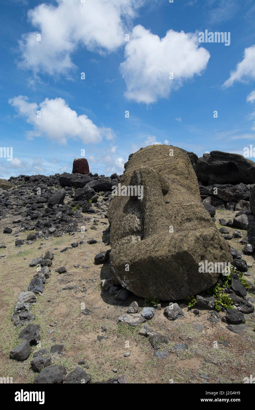 Chile, Easter Island aka Rapa Nui. Historic unrestored moai site of Ahu One Makihi located near Rano Raraku. Toppled moai statues on volcanic rock ahu (altar). Stock Photo